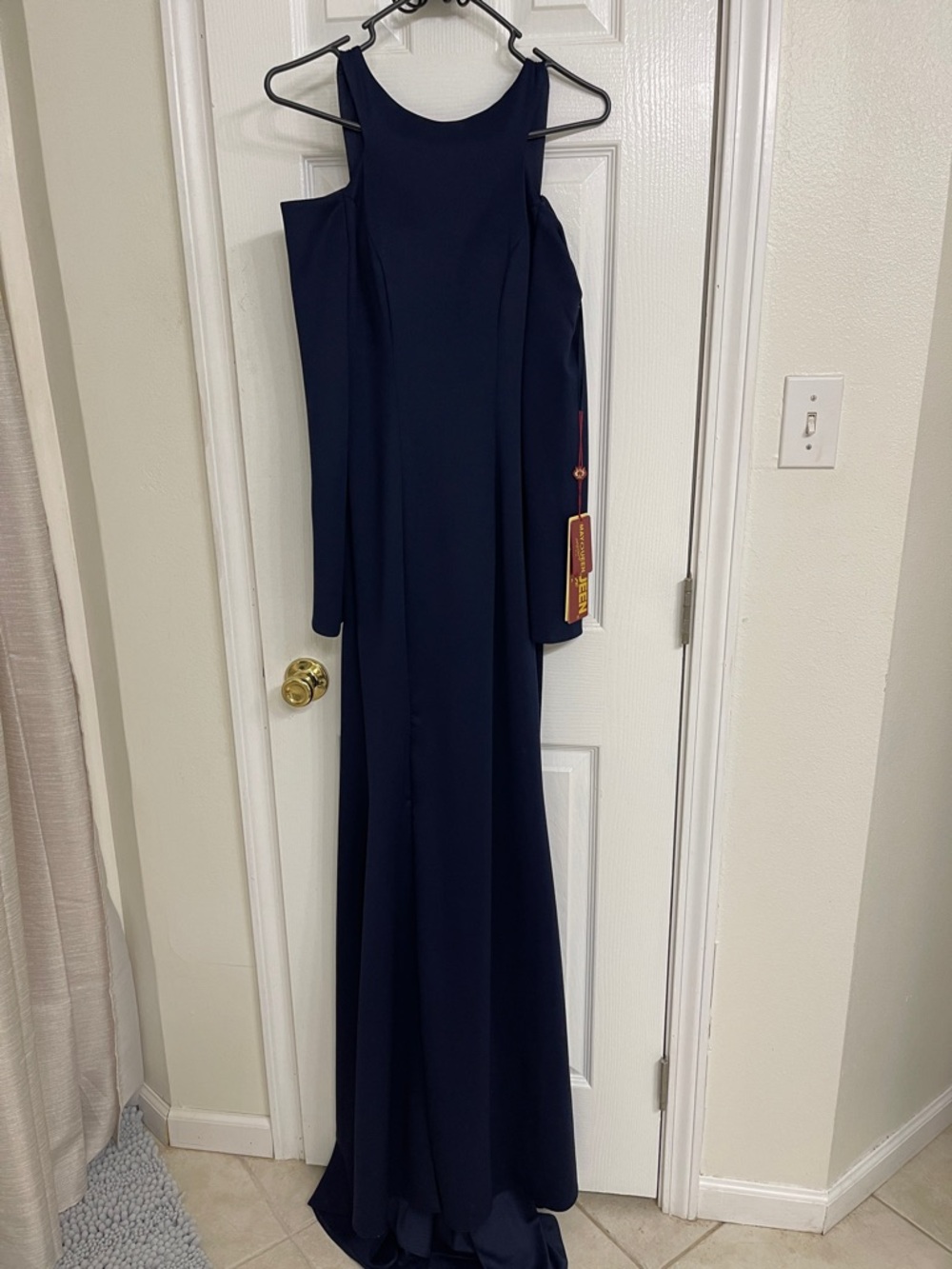 May Queen Navy Long Sleeve Cold-Shoulder Gown